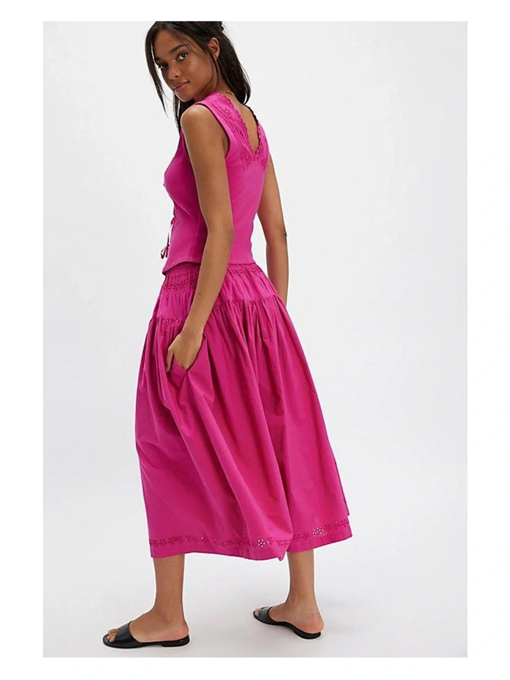 Free People Hot Pink Tiered Maxi Skirt and Lace Top Gesibelle Set Size S